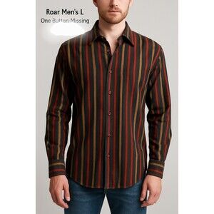 Roar Men’s Large Button Up Shirt Striped Western Rock Style Brown Red Tan Casual